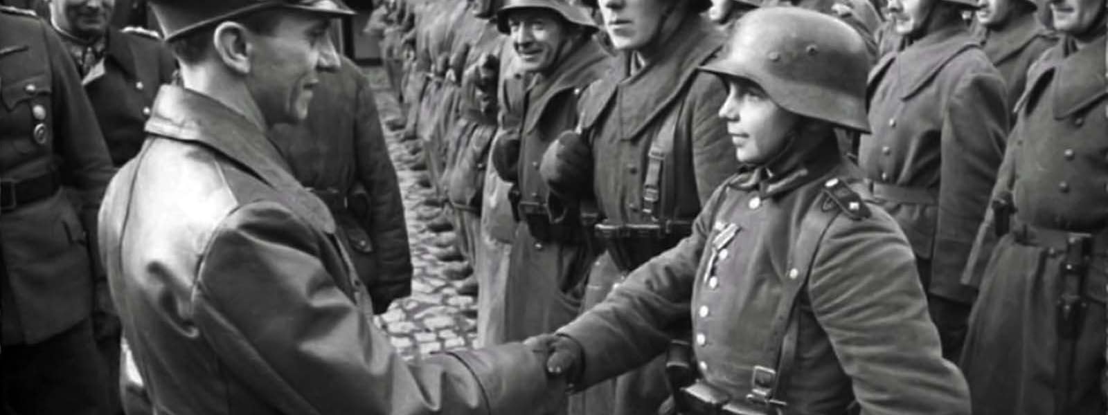 Goebbels gratuliert einem jungen Rekruten zur Verleihung des Eisernen Kreuzes II, 1945