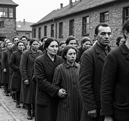 Letzter Weg: Mutter und Tochter Hand in Hand – Ein stilles Zeugnis aus Auschwitz.
