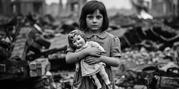 Zwischen Trummern und Hoffnung: Ein Mädchen mit Puppe im zerstörten Deutschland, 1945.