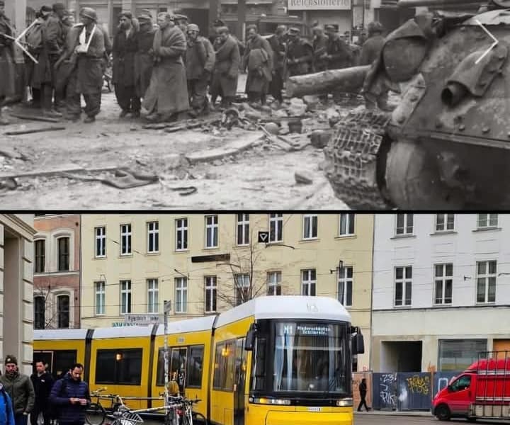 Die Ecke Oranienburger Straße und Friedrichstraße in Berlin – damals 1945 und heute 2025